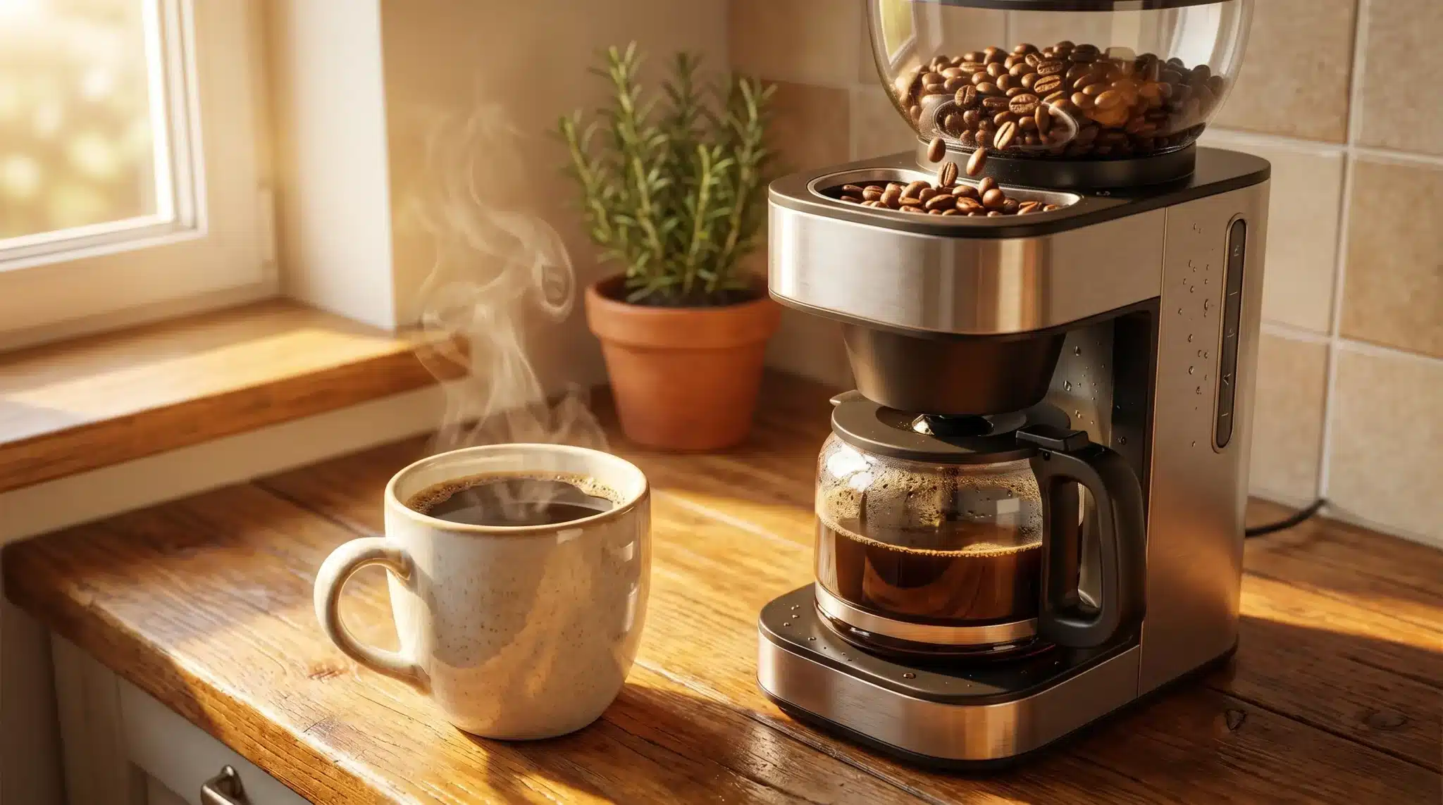 Coffee maker and steaming mug on wooden countertop in sunlit kitchen