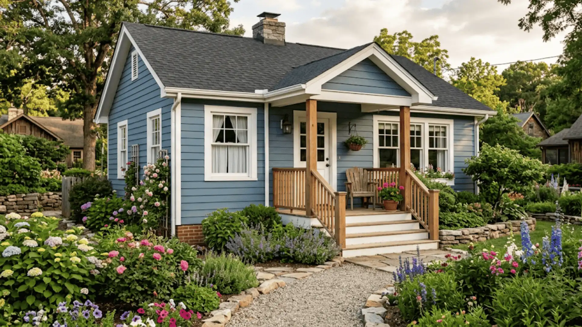 Dusty blue cottage-style house exterior with white trim and garden landscaping