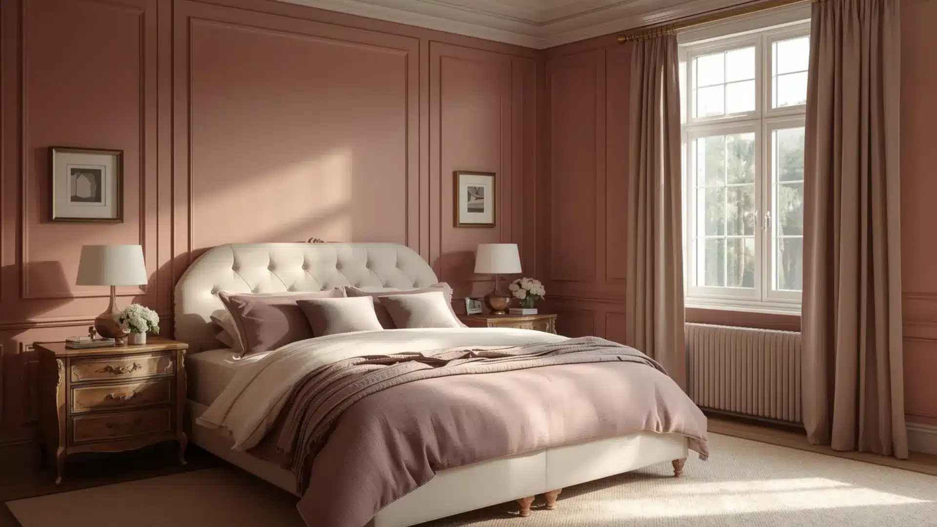 Modern Victorian bedroom in dusty rose, mauve, and cream, with soft bedding, antique wood, and warm filtered light indoors.