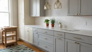 Modern kitchen with gray cabinets, brass hardware, and potted herbs on white countertop