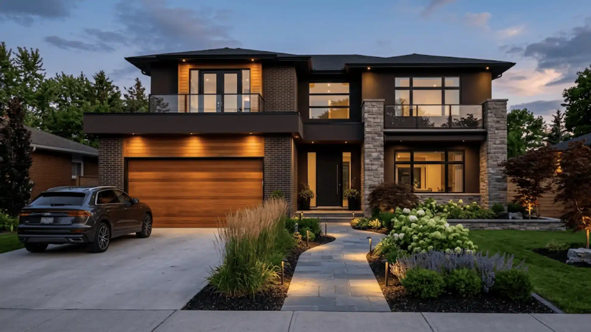 Espresso brown modern house exterior with brick accents and a wooden garage door
