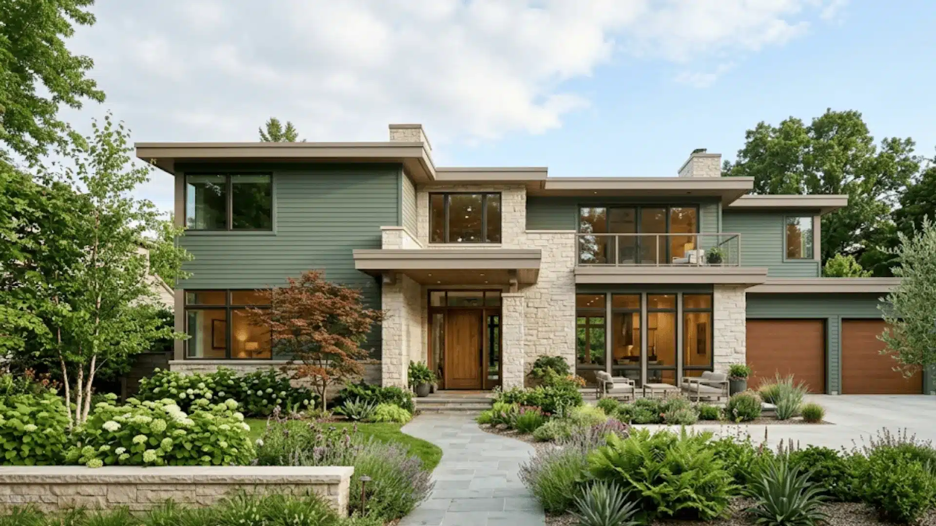 Eucalyptus green modern house exterior with stone accents and landscaping