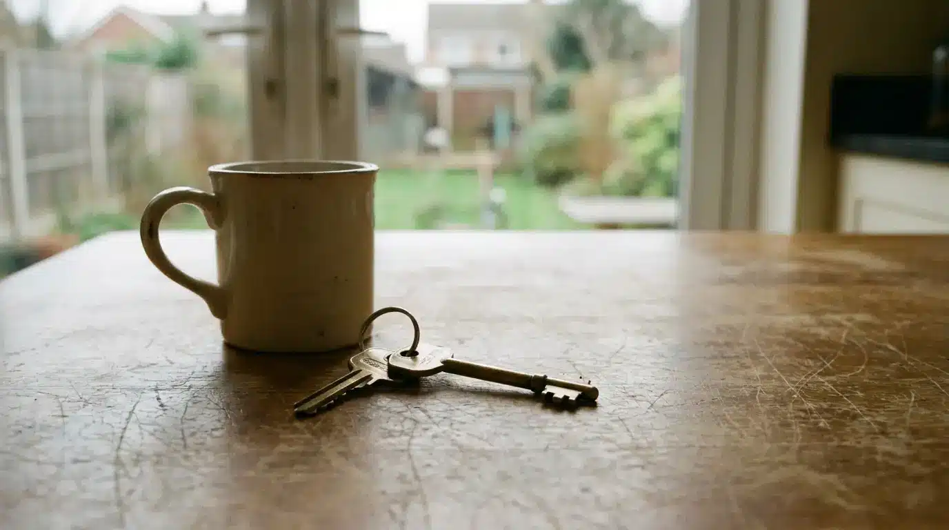 Ceramic mug and metal keys on wooden table in cozy kitchen setting