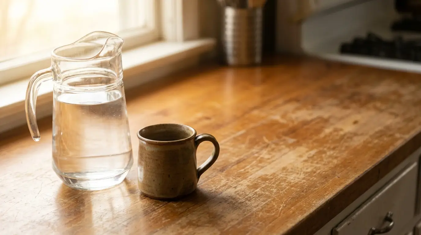 Glass pitcher of water and ceramic mug on wooden kitchen counter in soft daylight