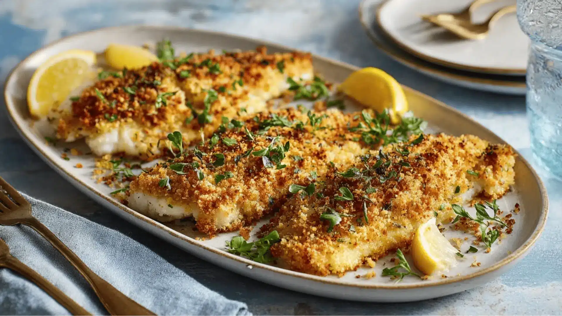 golden breadcrumb-crusted baked fish fillets served with lemon wedges on a platter against a soft blue background