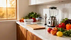 Blender and fresh vegetables on marble countertop in bright sunlit kitchen