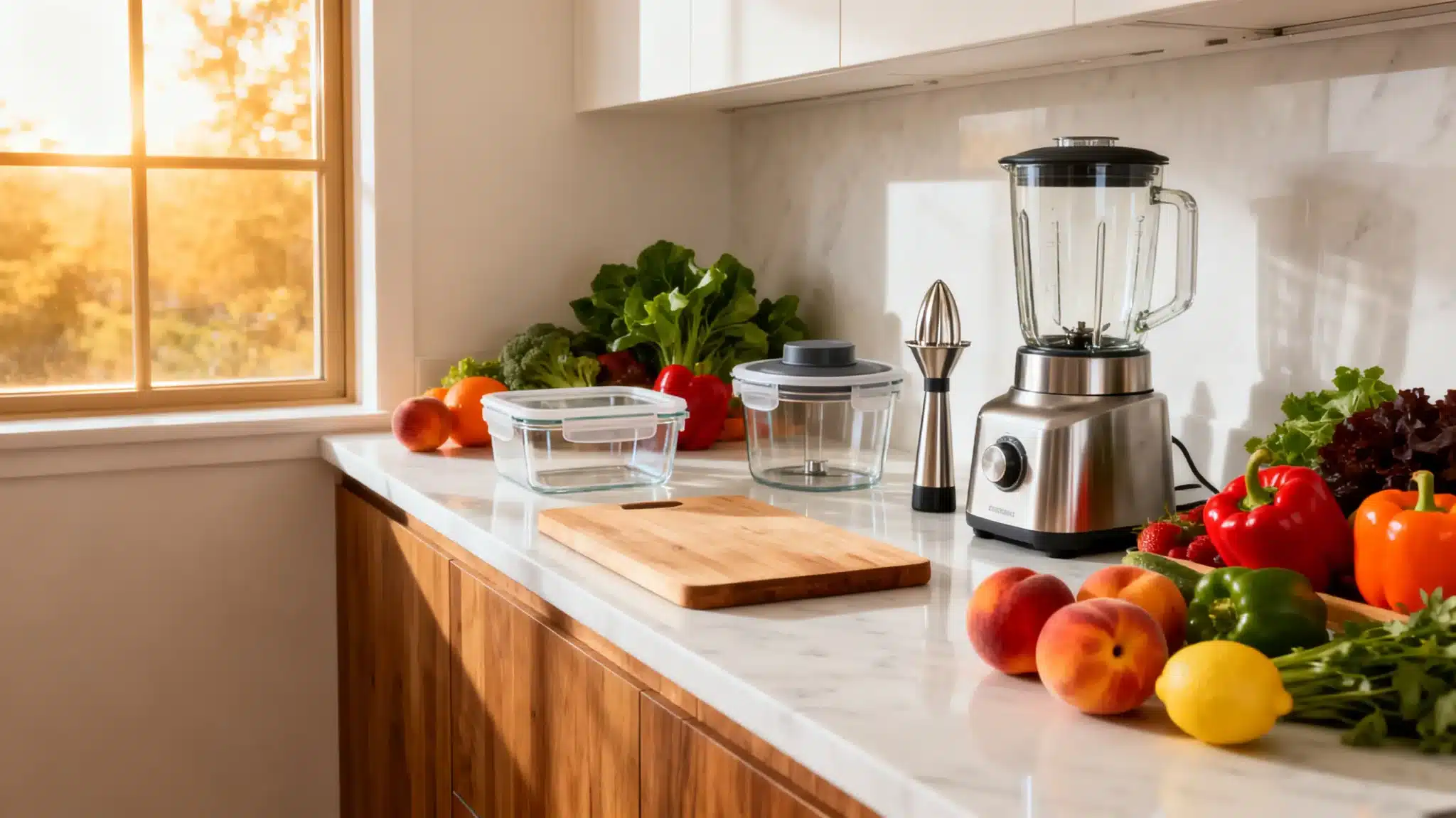 Blender and fresh vegetables on marble countertop in bright sunlit kitchen