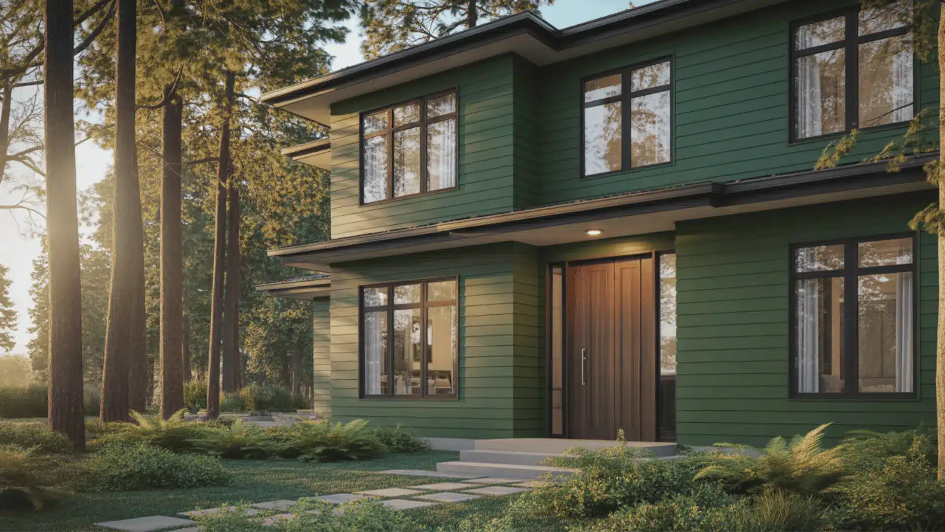 Forest green modern house exterior with black trim surrounded by trees