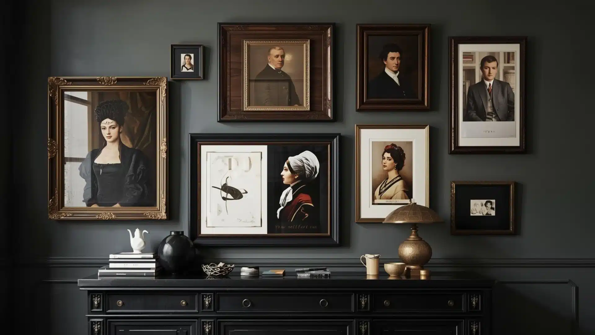 Modern Victorian gallery wall featuring antique portraits, modern art, dark frames, and rich, moody wall color indoors.