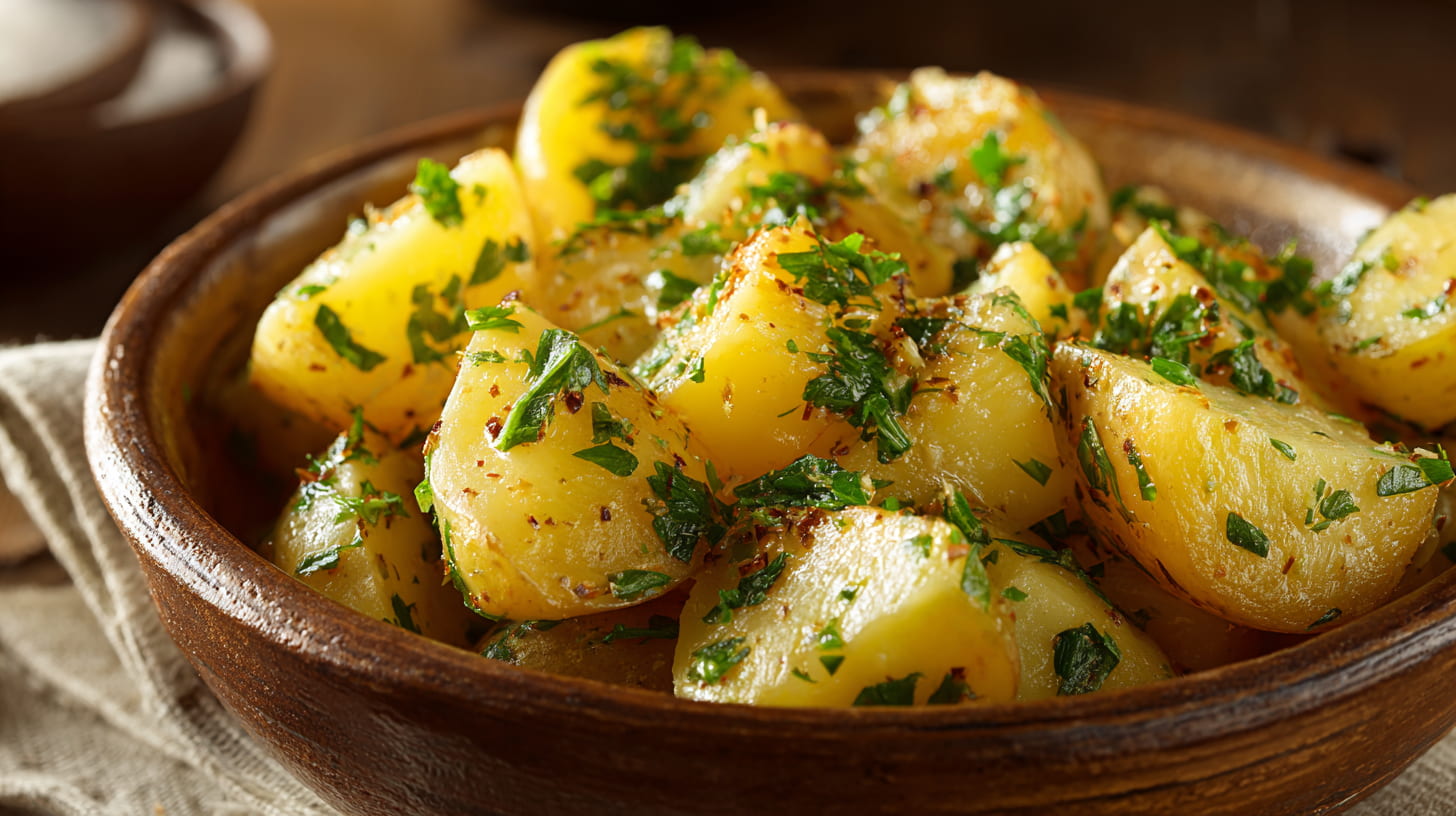 Garlic butter Yukon Gold potatoes with parsley on a rustic dinner table plates.