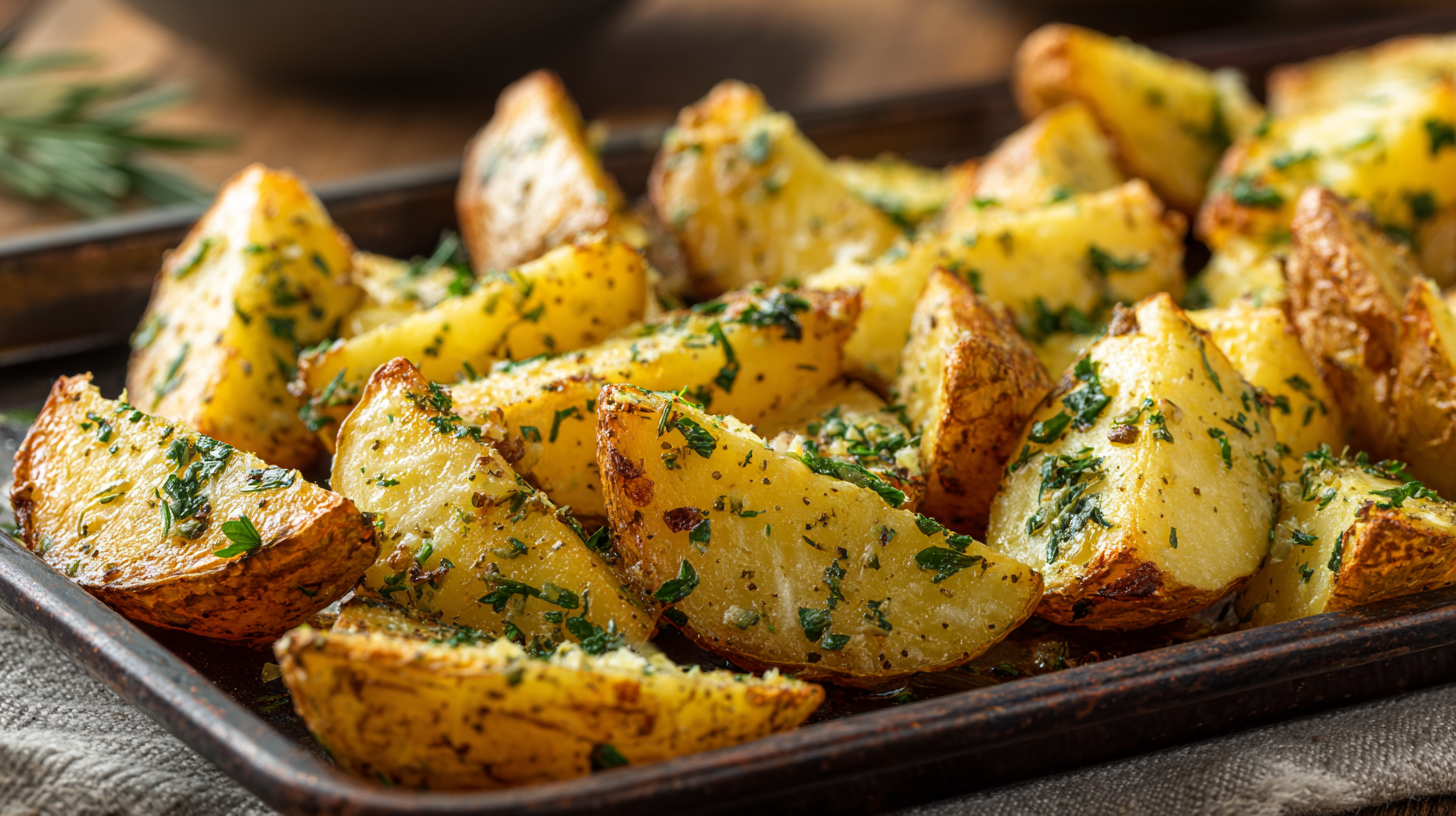 Garlic herb baked Yukon Gold potatoes with crisp edges on a rustic tray