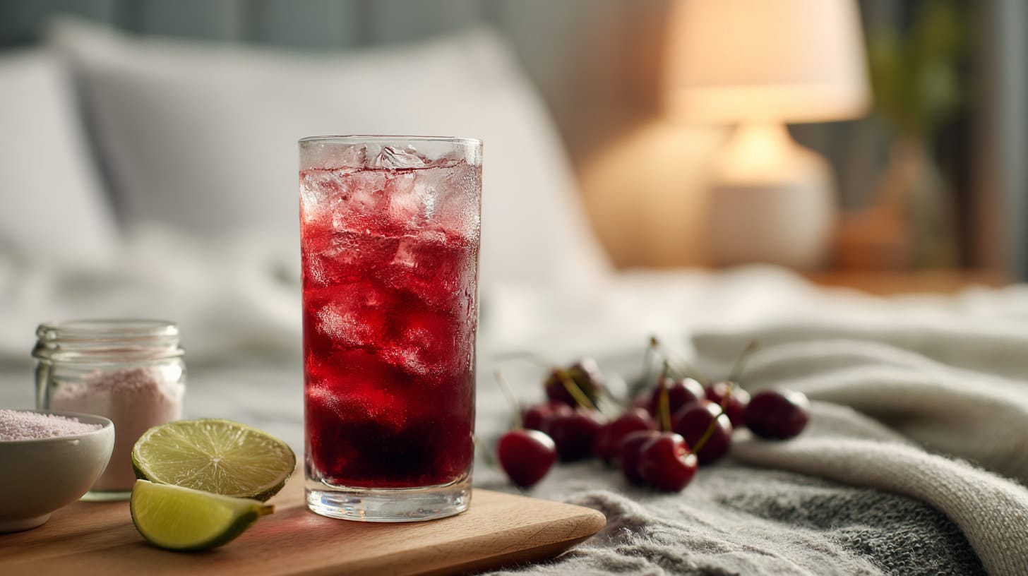 Glass of sleepy girl mocktail on bedside table with cherries and soft night light