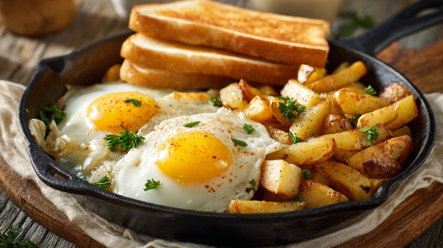 Golden Yukon Gold home fries with onions in skillet beside eggs and toast