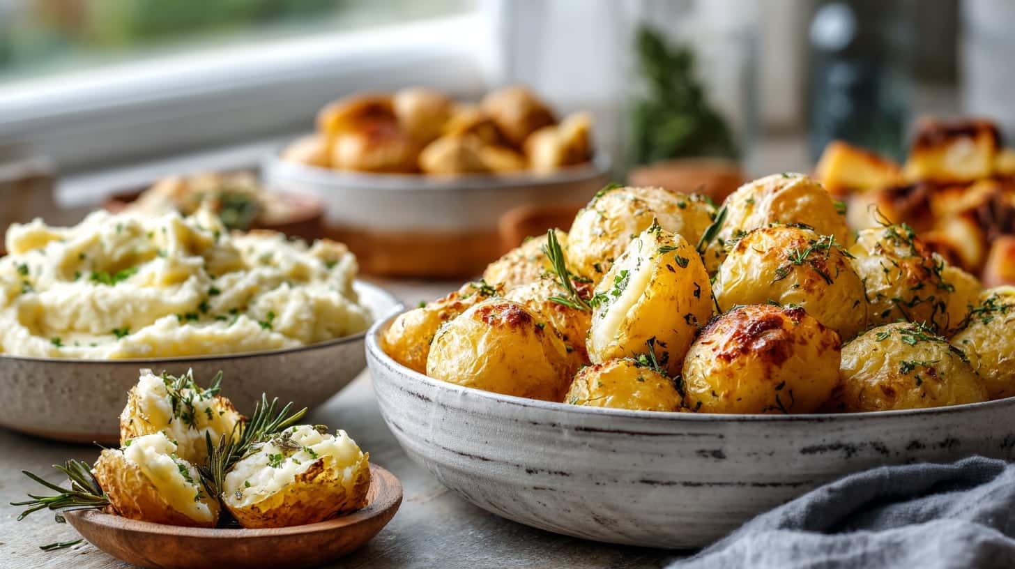 Golden Yukon Gold potato dishes styled on rustic table for warm family meals