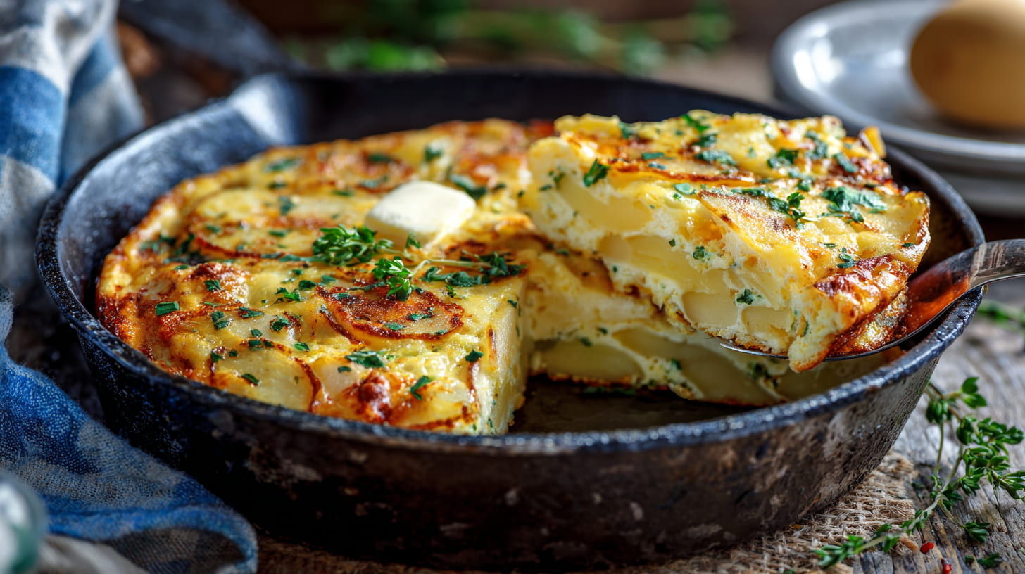 Golden Yukon Gold potato frittata with herbs and cheese in a rustic skillet