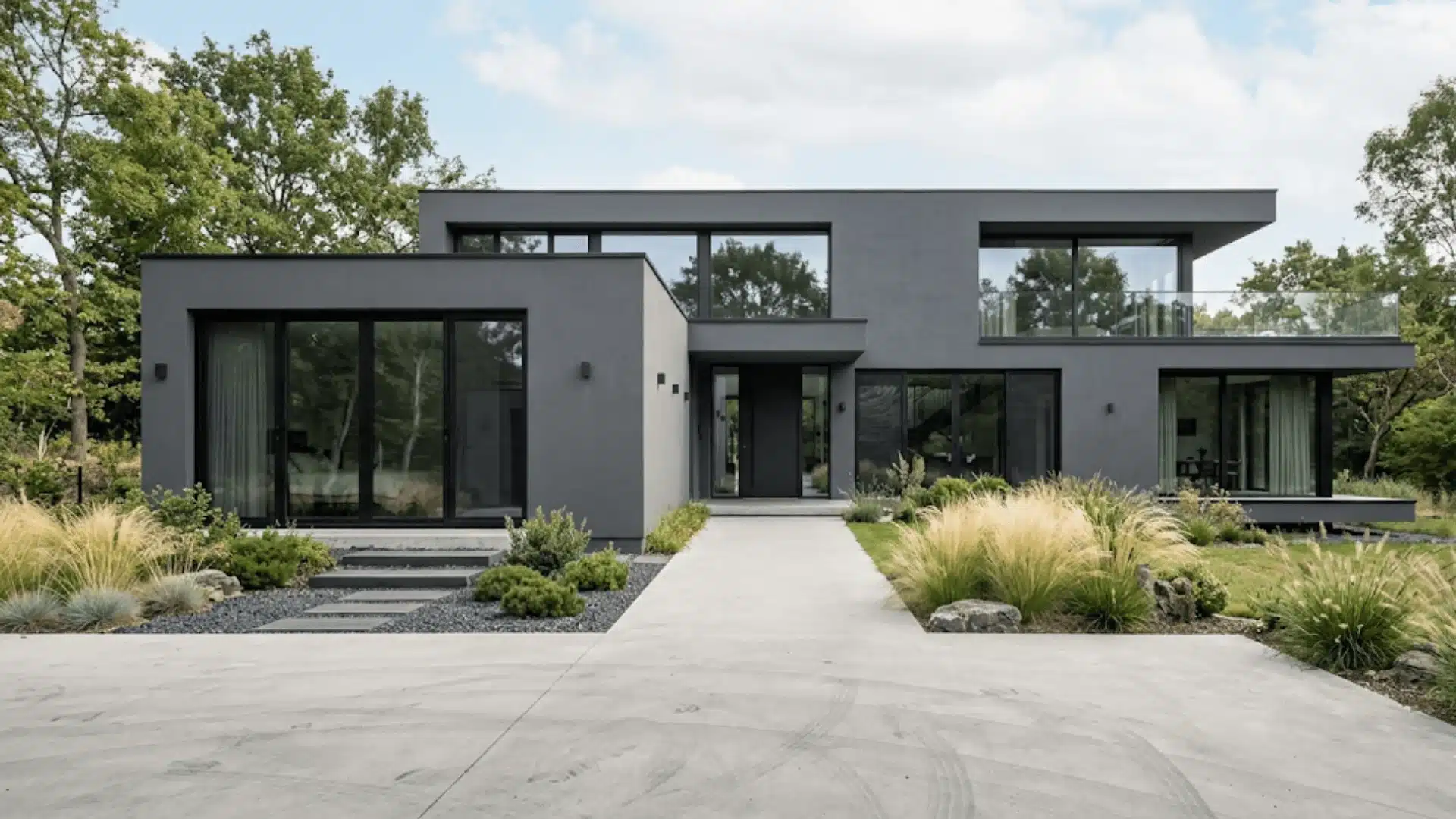 Graphite gray modern house exterior with minimalist landscaping