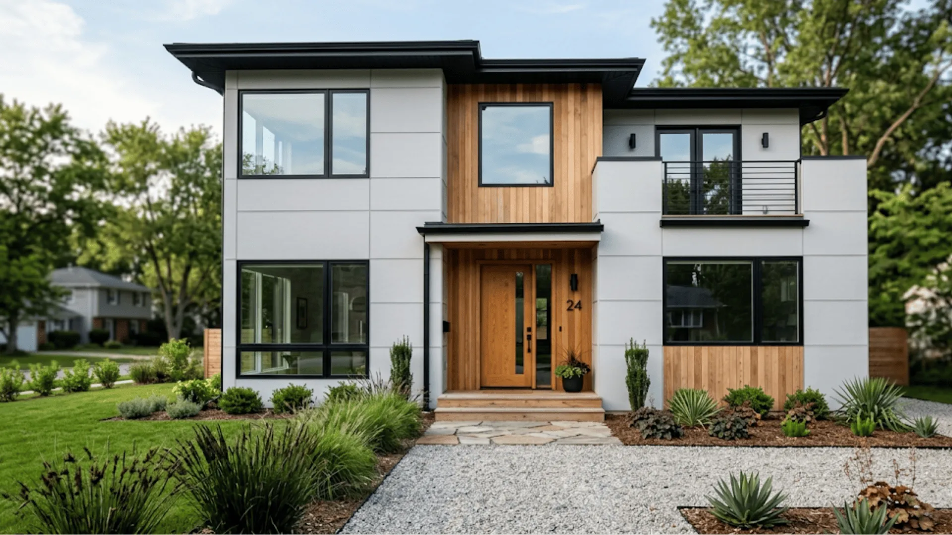 Modern gray house exterior with natural wood accents and black windows