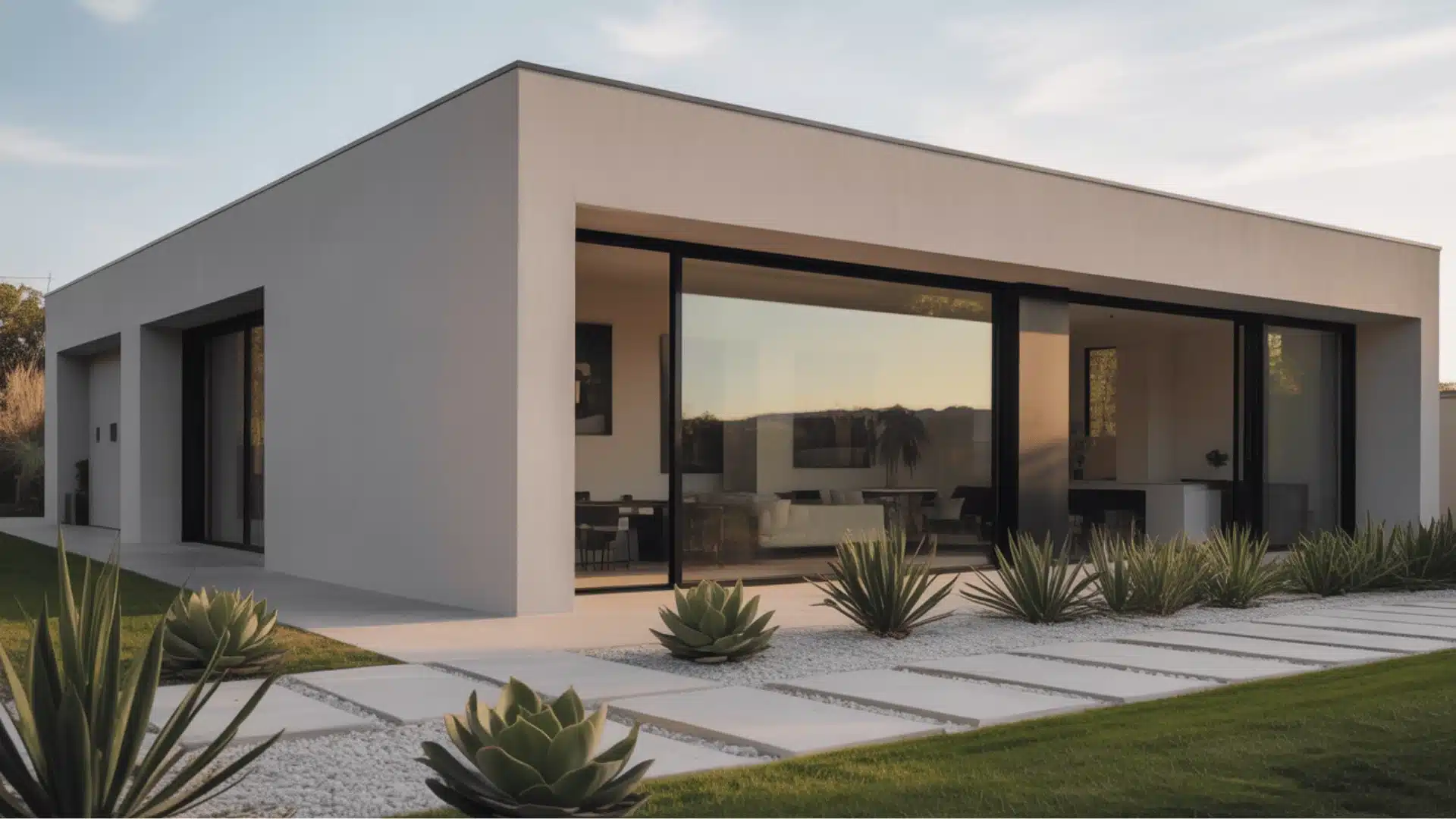 Greige modern house exterior with black windows and minimalist landscaping