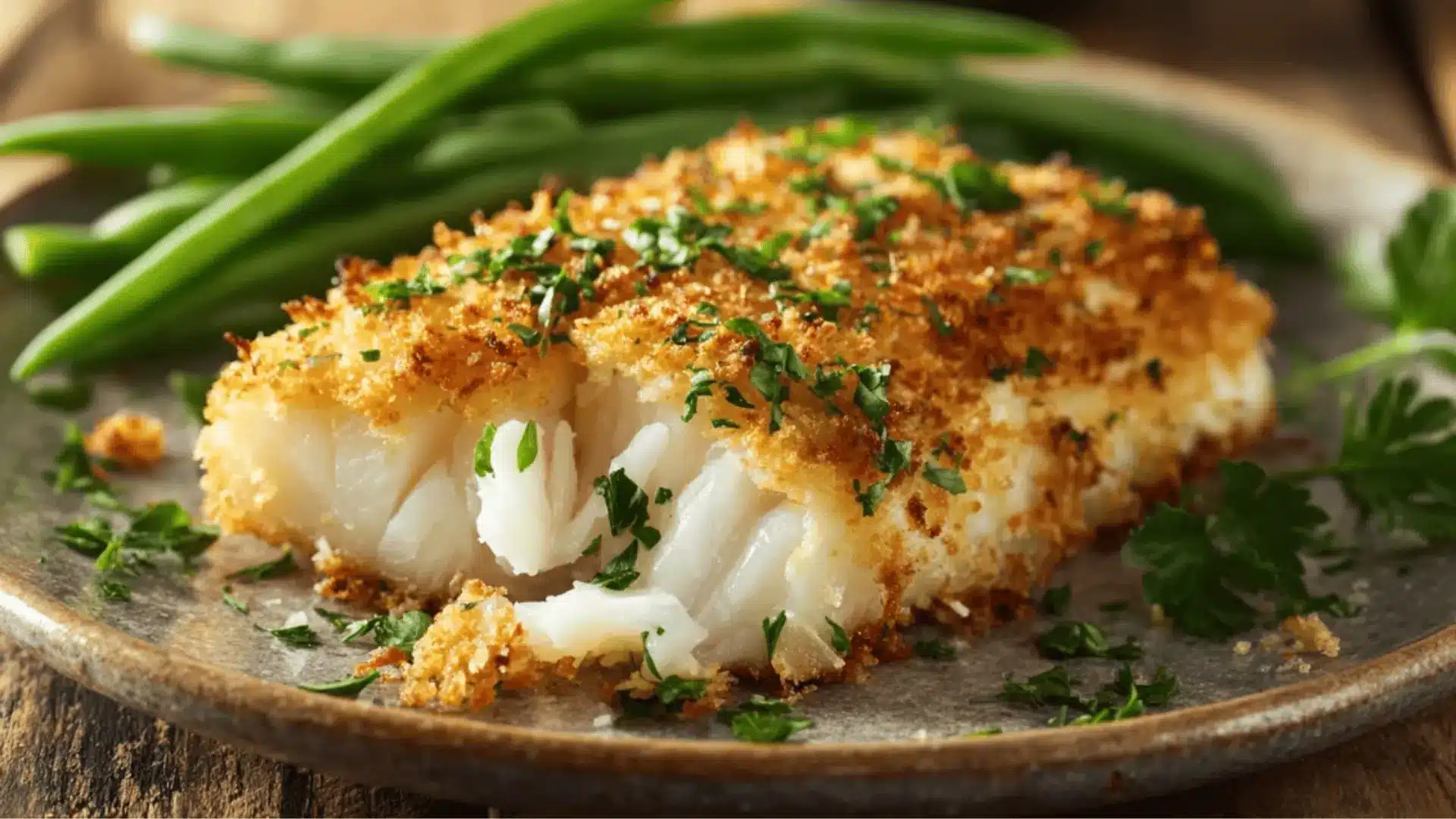 rispy breaded white fish fillet served with green beans and herbs