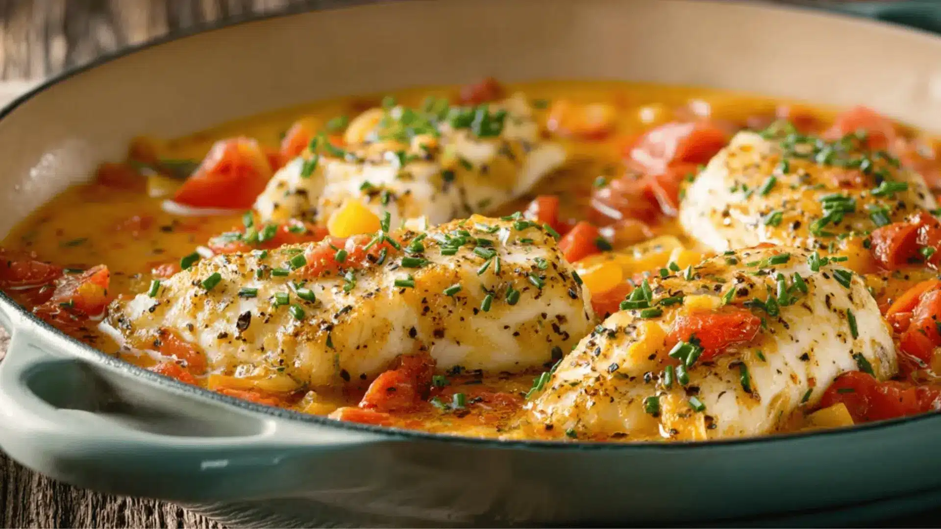 eared halibut fillets in a light tomato and pepper sauce, garnished with herbs in a skillet