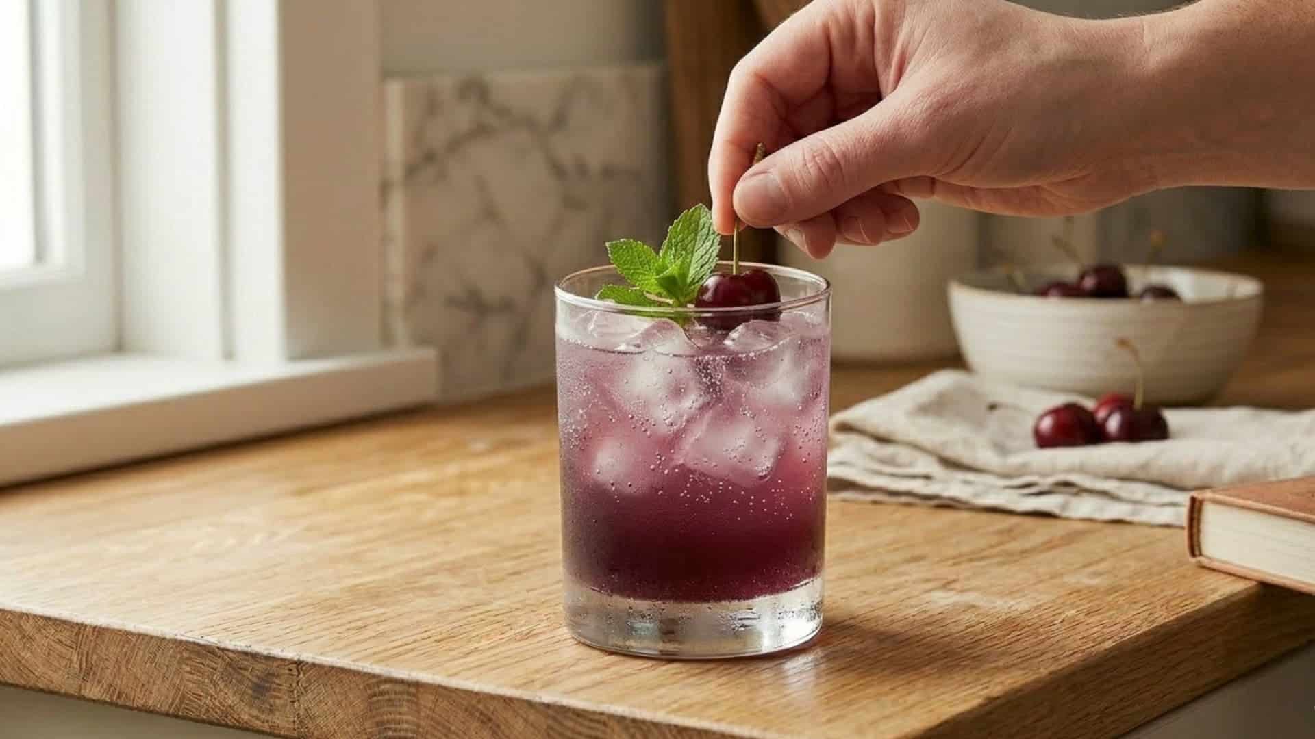 A hand places a cherry garnish on a purple tart cherry mocktail in a glass with mint on a wooden table.