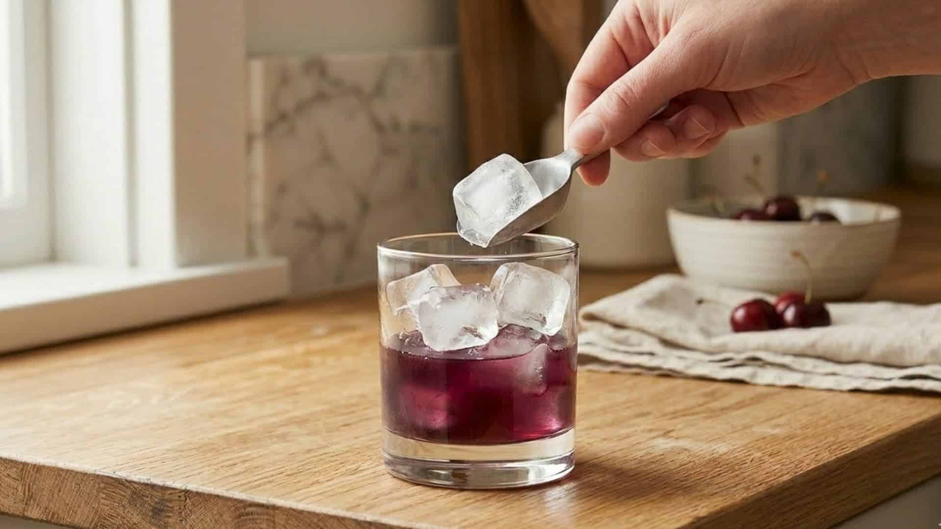 Hand adding a large square ice cube into a lowball glass containing a purple drink.