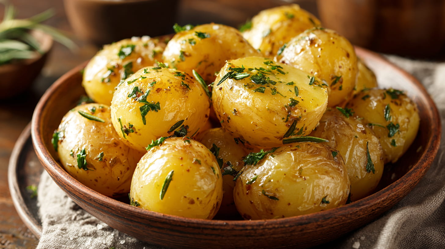 Herb butter Yukon Gold potatoes with parsley in a warm rustic serving bowl