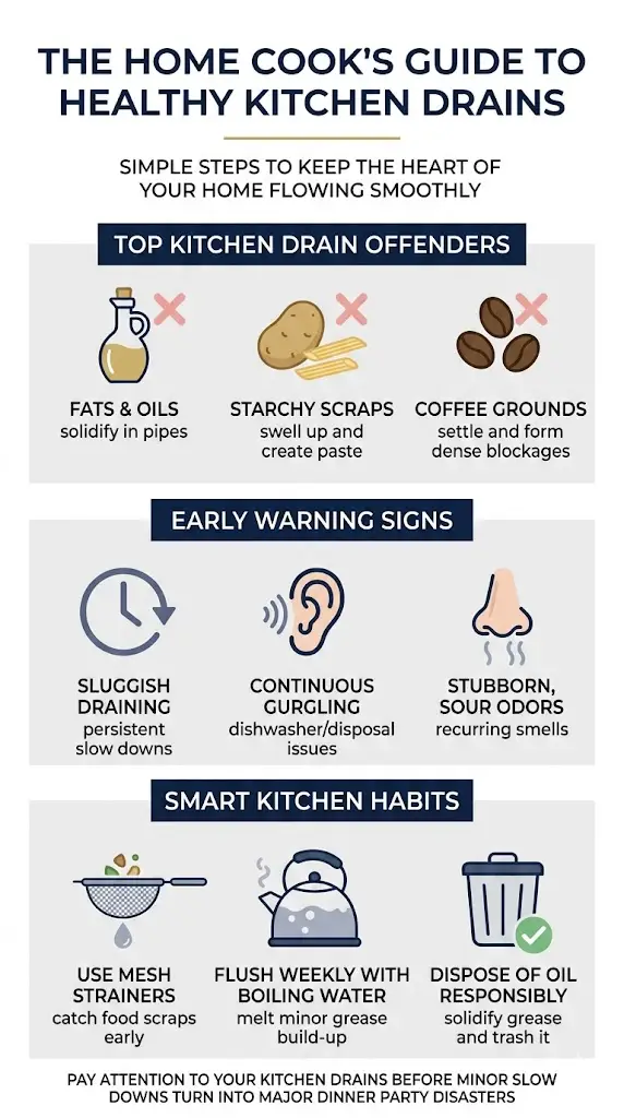 Infographic illustrating kitchen drain offenders, early warning signs, and smart habits for healthy drains