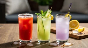 Three colorful cocktails on a wooden table with ice cubes and lemon slices