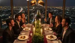 Dinner party in upscale restaurant with six people laughing, city view in background, candlelit table