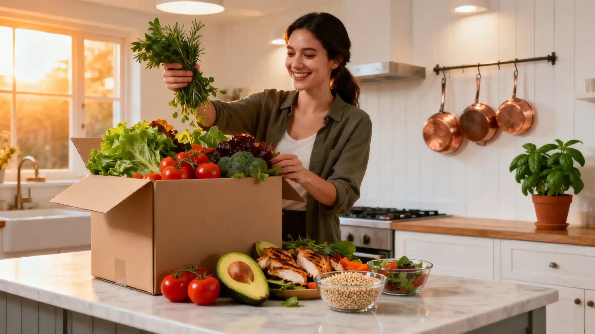 Woman unpacking fresh produce from box in sunlit kitchen with copper cookware and potted plant