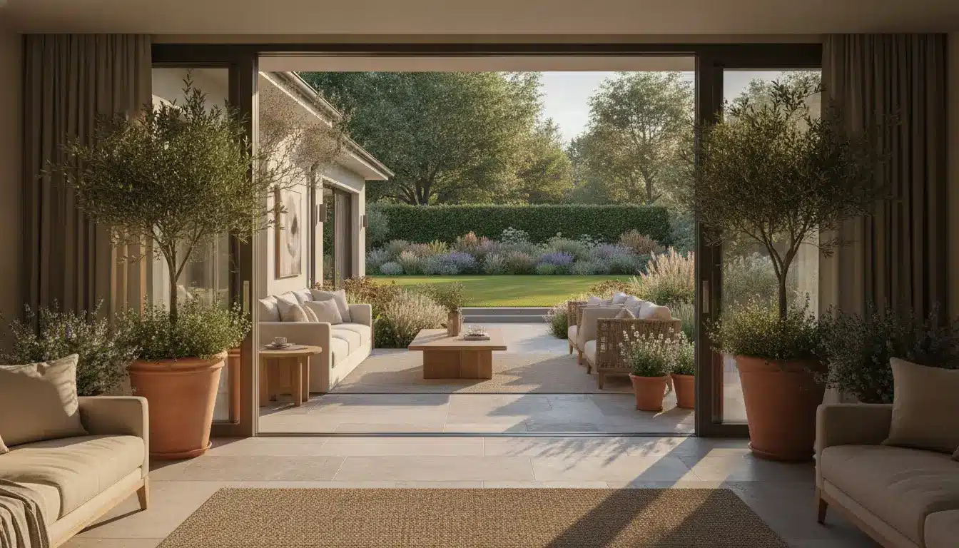 Outdoor patio with beige sofas and potted plants leading to lush garden under soft sunlight