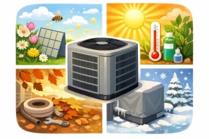 Central air conditioning unit surrounded by seasonal scenes including flowers, sun, autumn leaves, and snowflakes