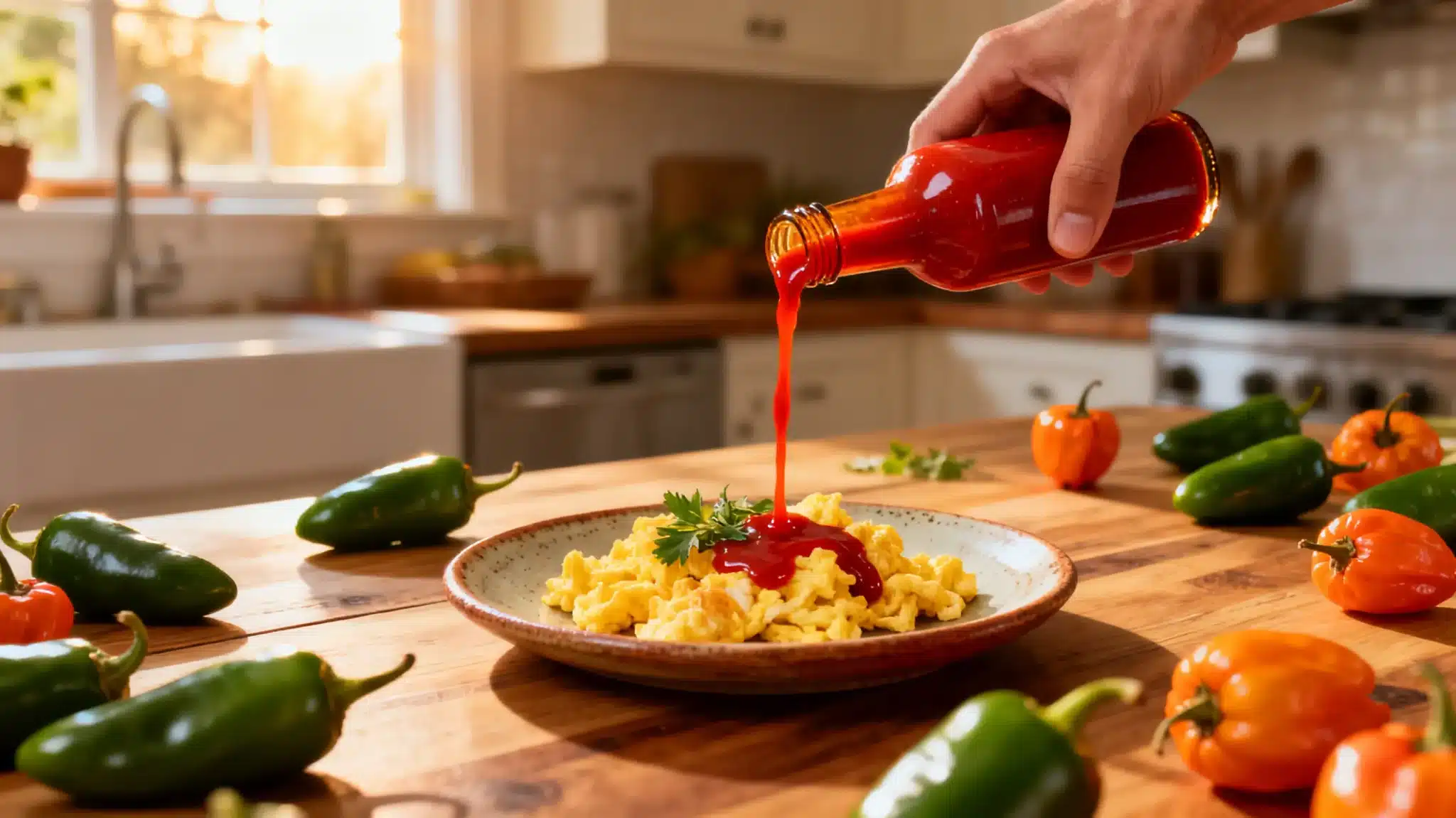 Scrambled eggs topped with hot sauce on wooden countertop surrounded by peppers in sunny kitchen