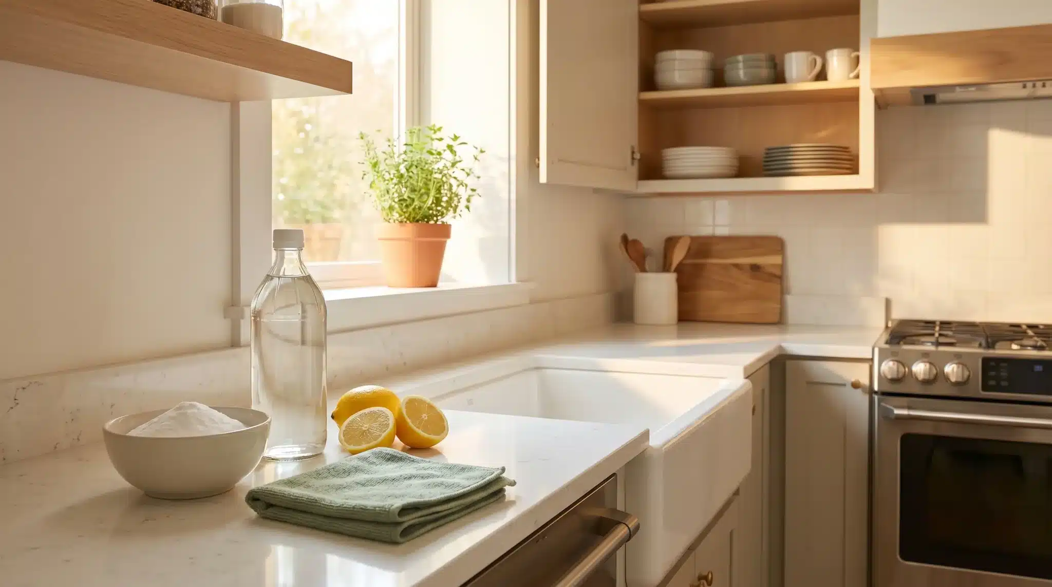 Lemons and cleaning supplies on white countertop in sunlit modern kitchen