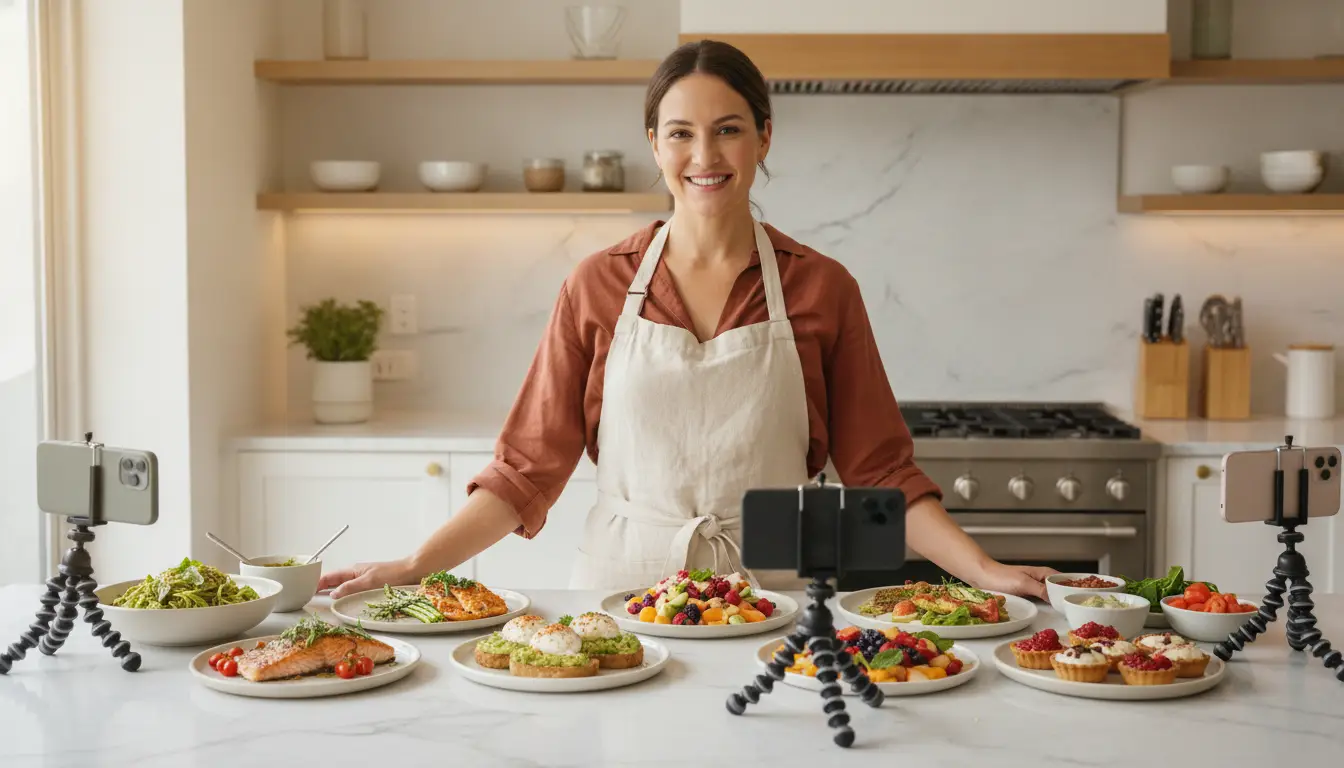 Woman filming cooking tutorial in modern kitchen with assorted dishes on marble counter