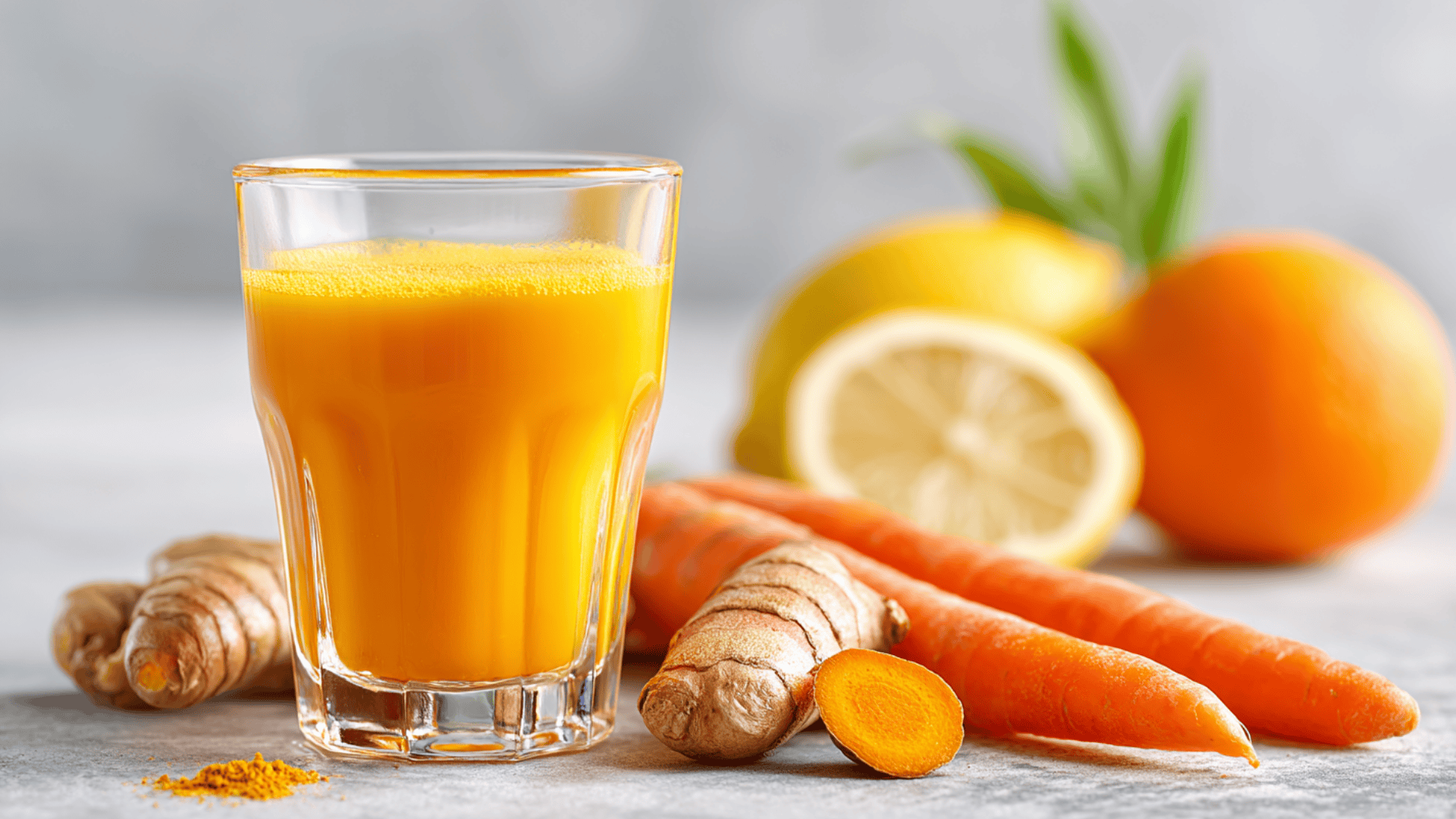 cold pressed immunity orange turmeric shot with fresh turmeric root and lemon golden cold pressed turmeric and orange immunity shot in a small glass