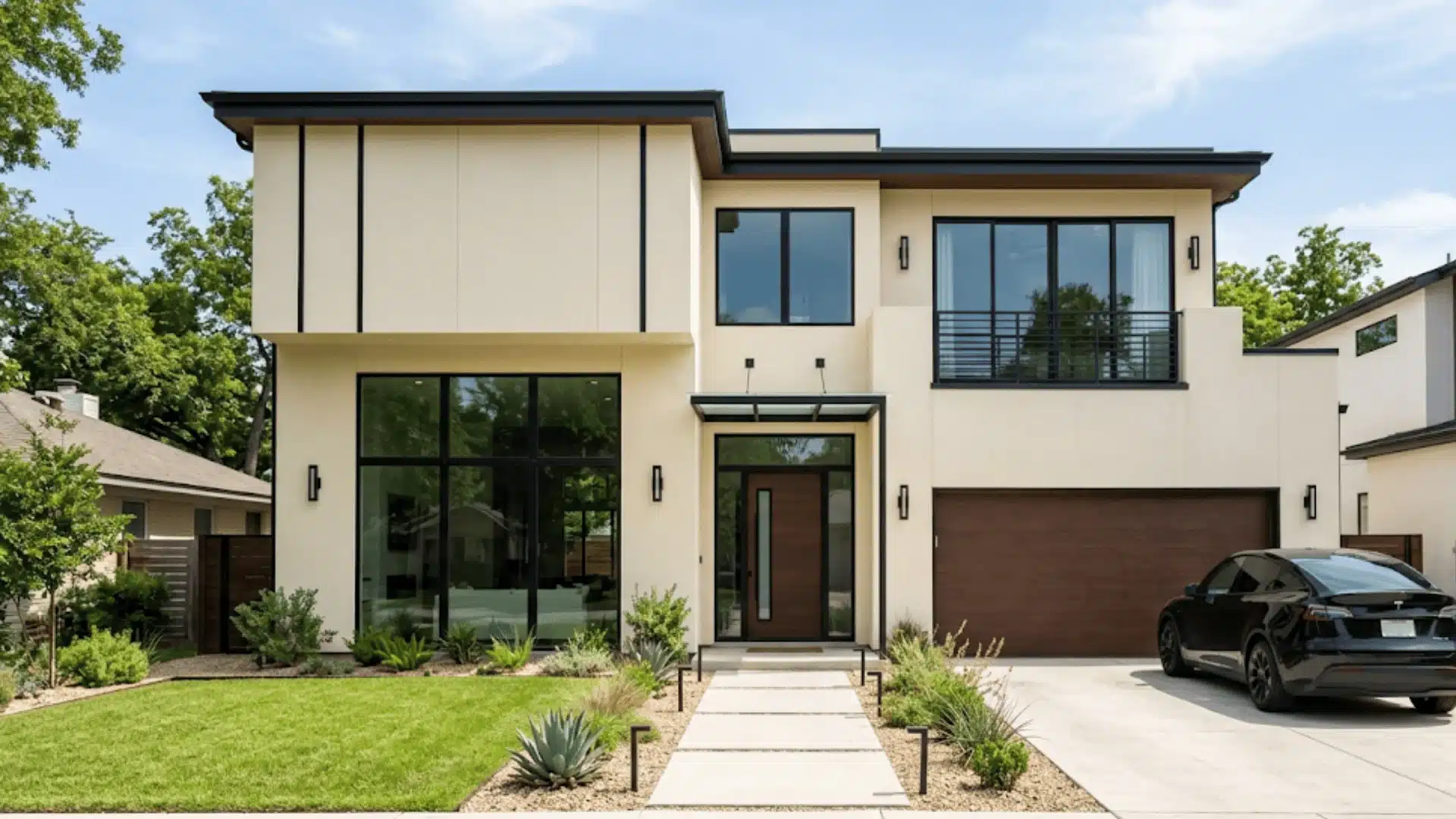 Ivory modern house exterior with black trim and contemporary design