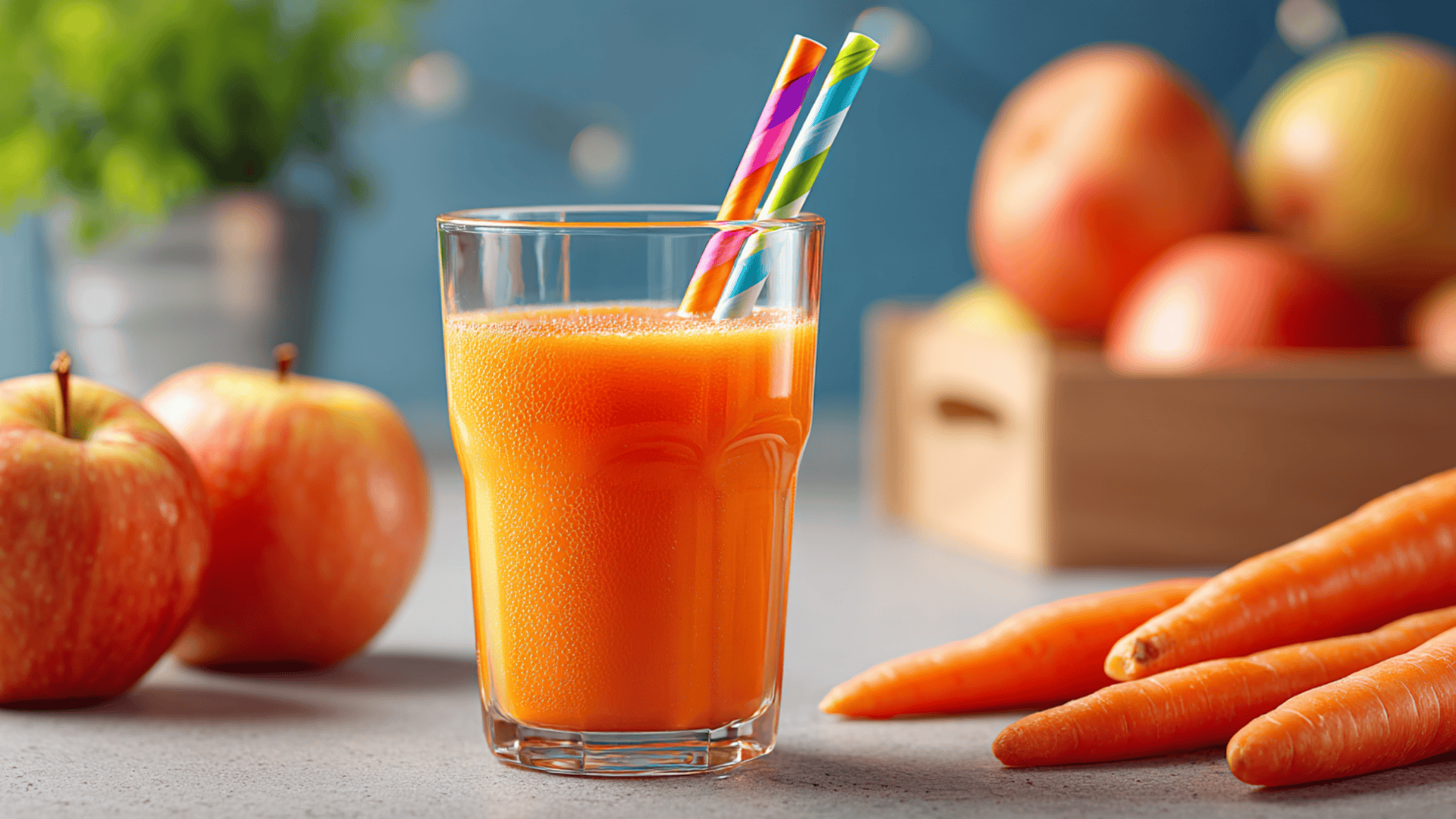 kid friendly cold pressed apple carrot juice in a glass with fresh apples and carrots