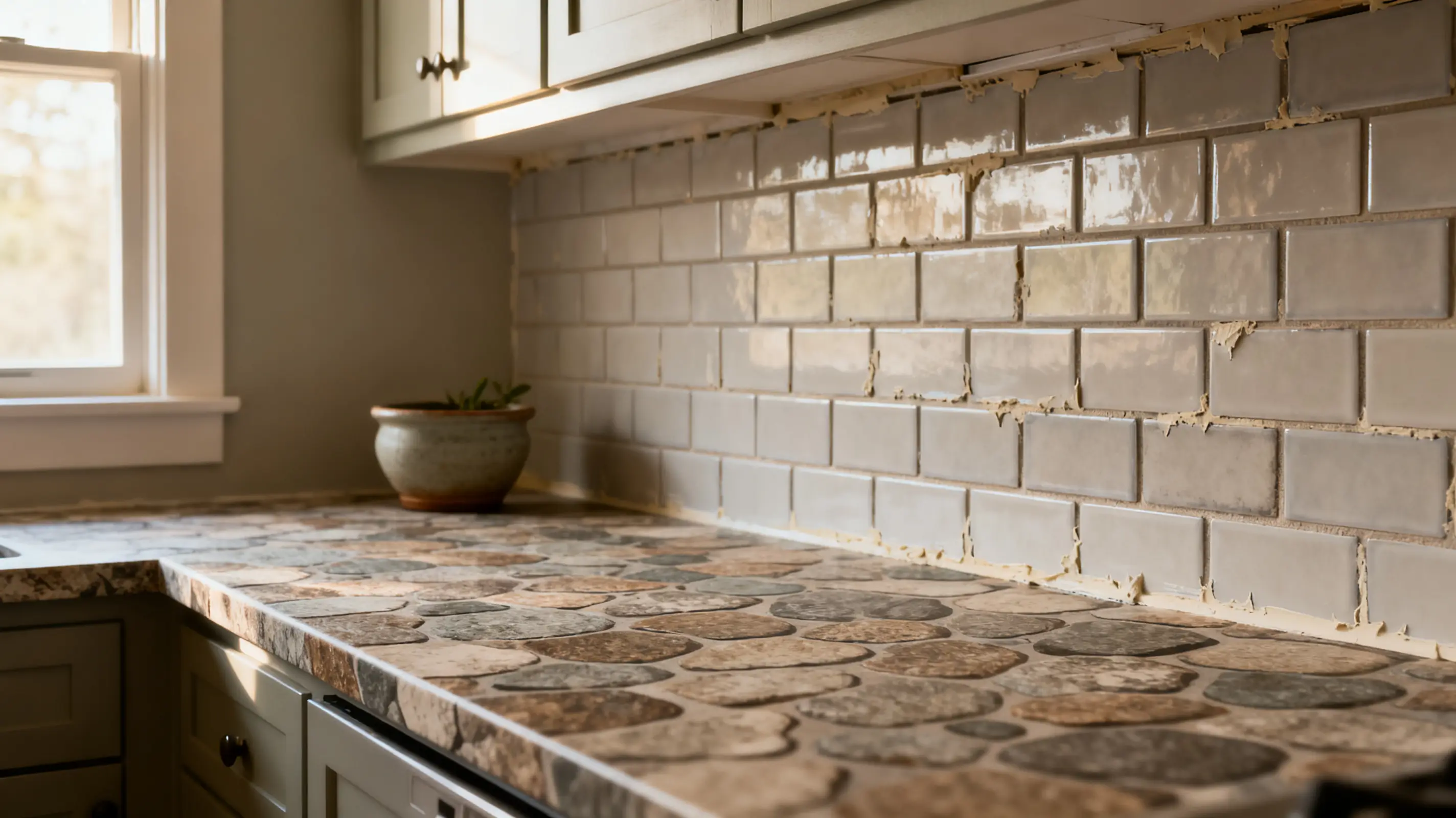 Rustic kitchen countertop with stone-like pattern and light gray subway tile backsplash