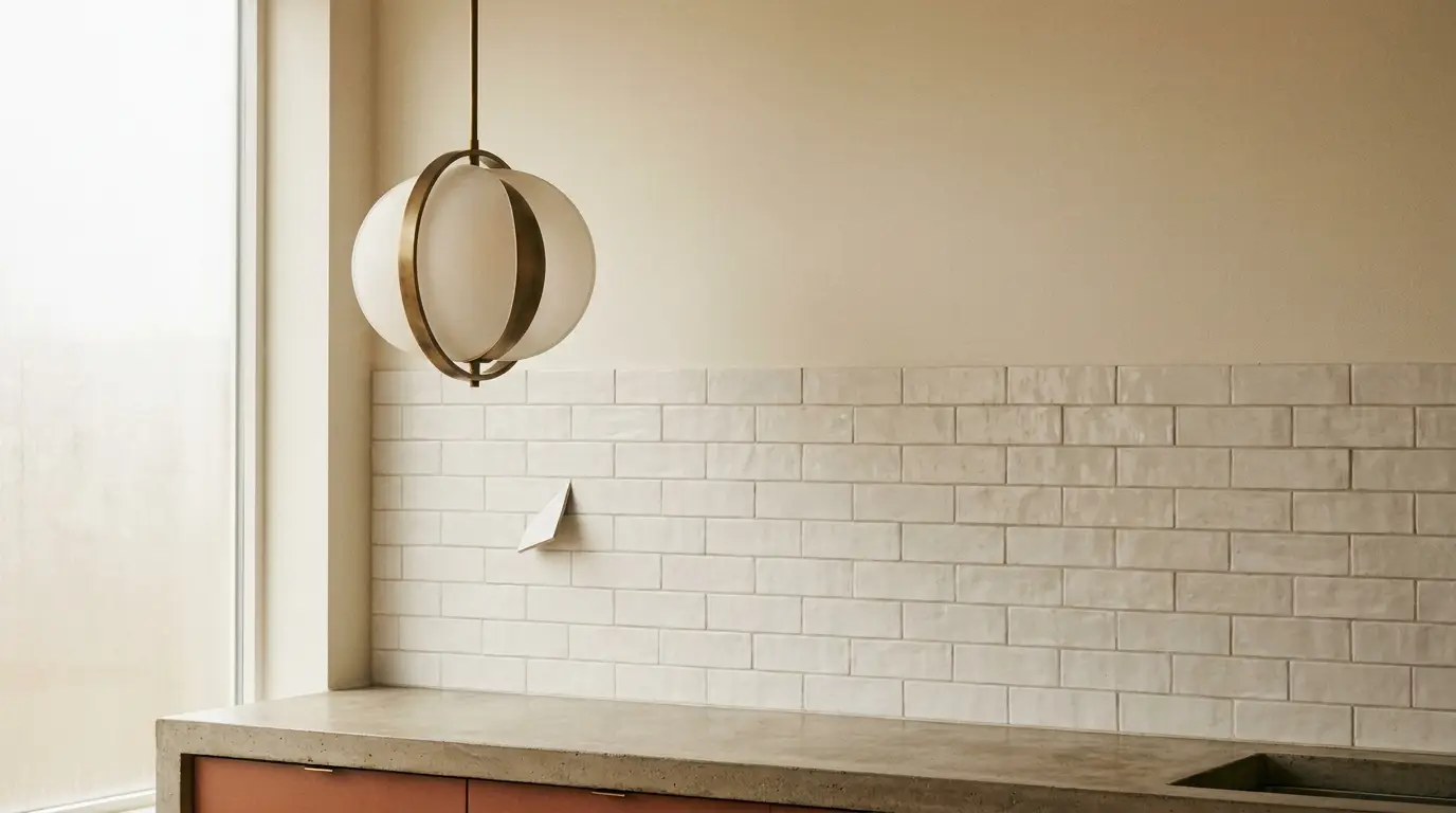 Pendant light above concrete countertop and beige tiled backsplash in minimalist kitchen setting