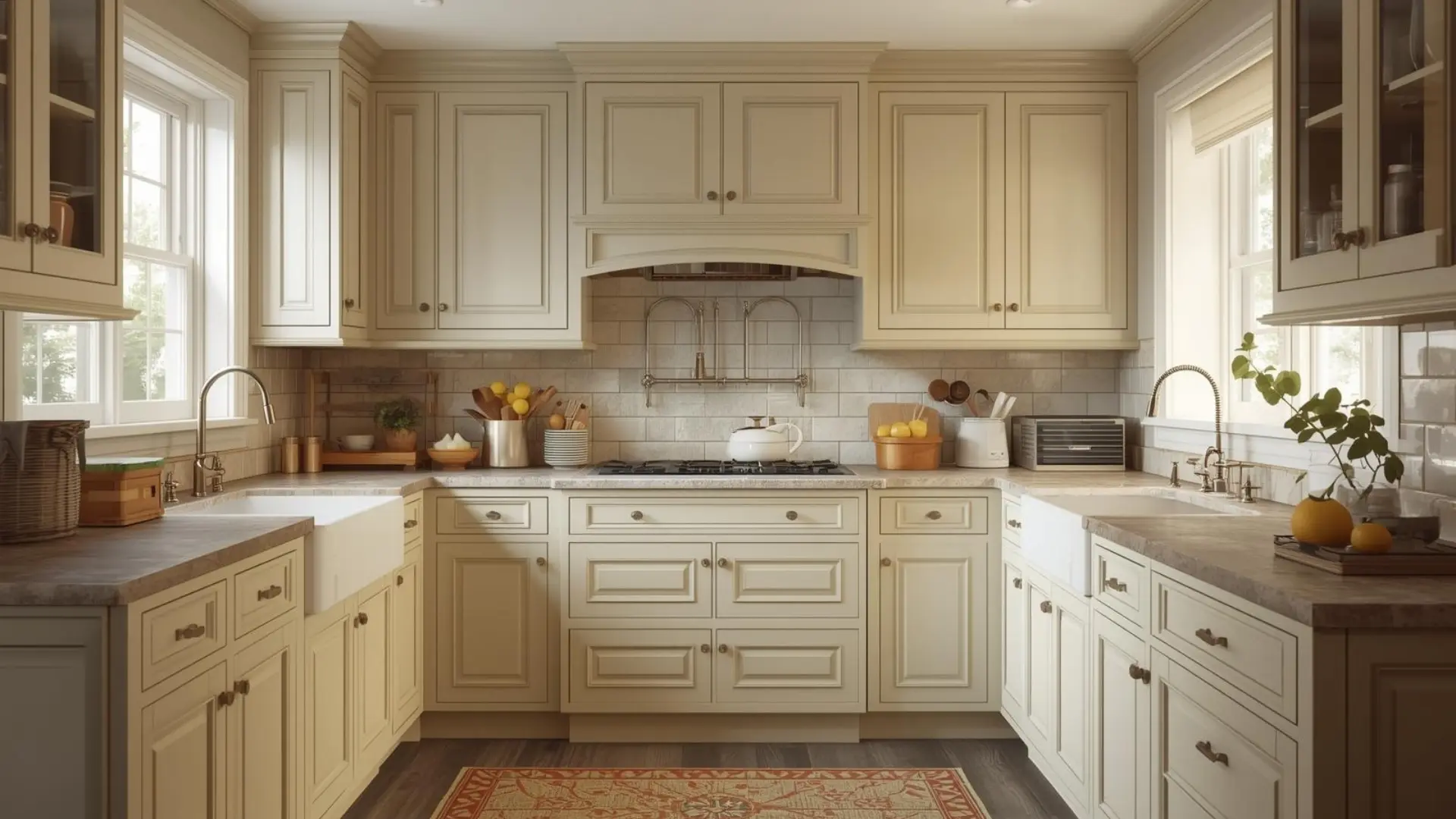 Modern Victorian kitchen with classic trim, painted cabinets, period details, and a practical contemporary layout indoors.