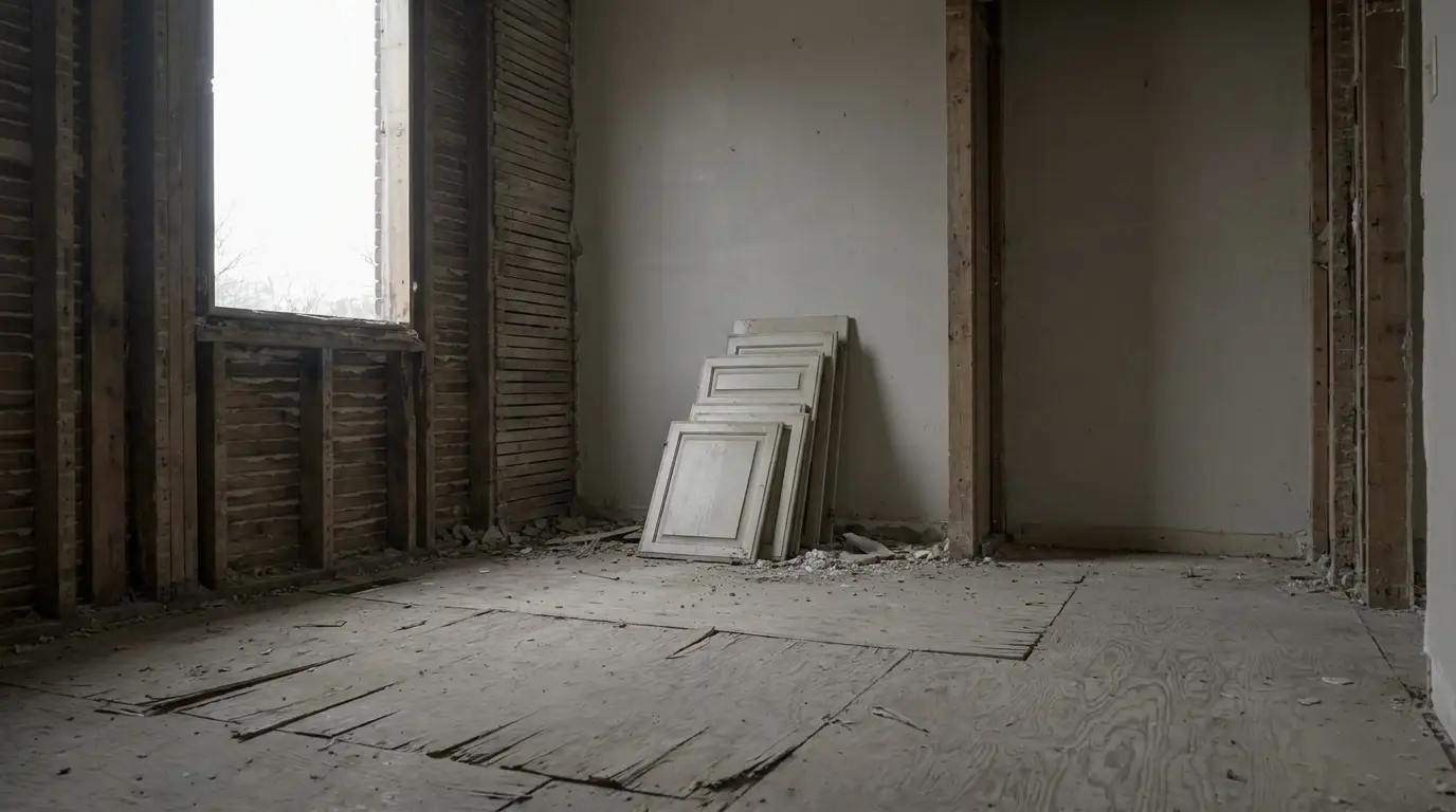Partially renovated room with exposed walls and stacked white cabinet doors on wooden floor