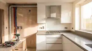 White modern kitchen under renovation with tools on a wooden bench and exposed wiring