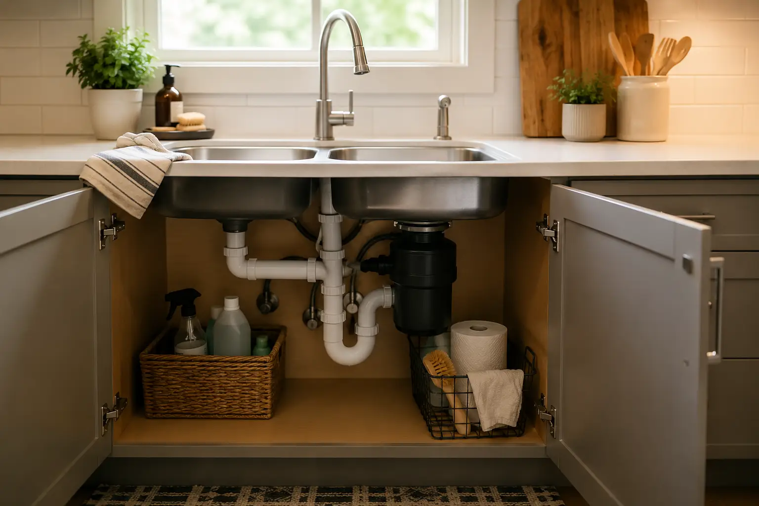 Open kitchen cabinet under stainless steel sink with organized cleaning supplies and plumbing visible