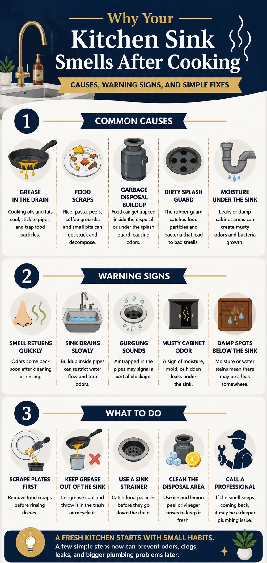 Stylized infographic showing kitchen sink problems with illustrations and solutions in a step-by-step layout