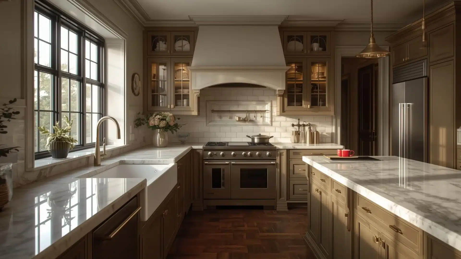Modern Victorian kitchen with marble counters, brass hardware, painted cabinets, and warm natural light across the trim.