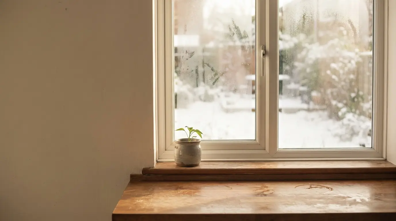 Small plant in ceramic pot on wooden windowsill with snowy garden view