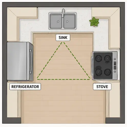 Overhead view of kitchen layout showing refrigerator, sink, stove, and countertop in bright setting