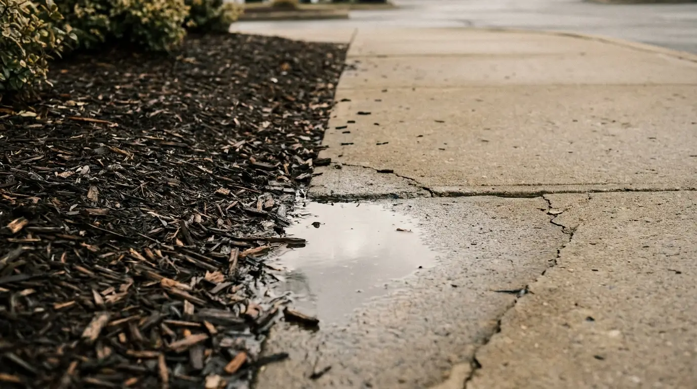 Puddle on cracked concrete sidewalk next to mulch and green shrubs